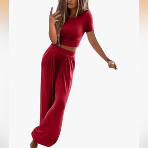 Two-Piece Ribbed Crop Top & Wide-Leg Pant Set - Red